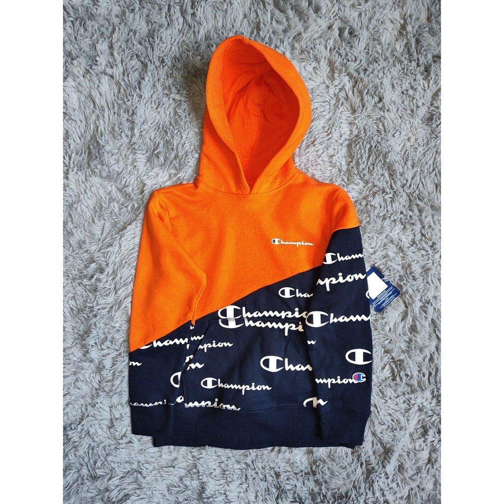 NWT CHAMPION Big Boys Colorblocked Fleece Hoodie, Blue/Orange, Sizes: S-M